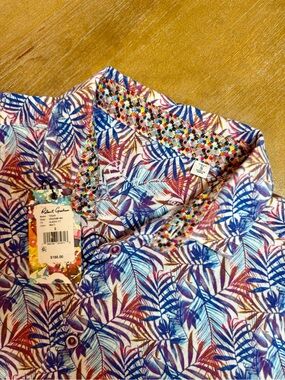 NWT Robert Graham Teigen Short Sleeve Shirt Red Blue Leaf Print Linen Blend Sz S
